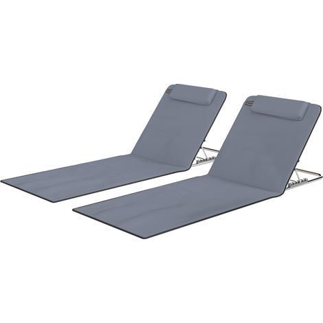 Ensemble de 2 chaises de plage pliantes en acier et PE, avec dossier réglable sur 5 positions, appui-tête et sac de transport. Dimensions : 134 x 48 x 33-43 cm. Couleur : gris. (1/5)