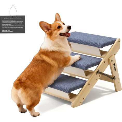 VEVOR Escalier pour Chien Pliable 3 Marches pour Chien Convertible en Rampe pour Canape Lit Voiture Chats Chiens Animaux de Compagnie Jusqua 68 kg, Hauteur Marche 12 cm, en Bois de Pin et Feutrine (1/5)