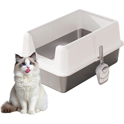 Maison de Toilette Fermée en Acier Inoxydable pour Chat, Ouverture Latérale, Anti-Odeur, Anti-Fuite avec Pelle (1/5)