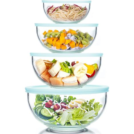 Lot de 4 bols en verre, couvercles sans BPA, résistants chaleur -20°C à 560°C, empilables pour cuisine, micro-ondes, lave-vaisselle