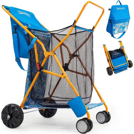 Chariot de plage avec grandes roues pour le sable, poussette de plage verticale à large empattement avec sac isotherme intégré, bodyboard et porte-parapluie, camion remorque de camping (1/5)