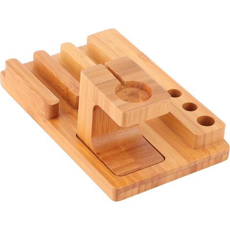 Support de montre multifonctionnel en bambou, support de téléphone de bureau, organisateur de rangement pour ordinateur portable pour la maison et le bureau (1/5)