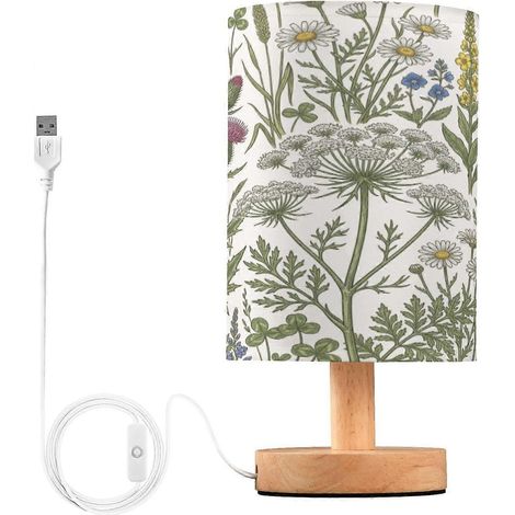 Lampe de chevet RUIYUE Fleurs sauvages pour chambre à coucher, lampe de nuit LED avec base en bois et port USB, abat-jour en lin, lampe de bureau pour la décoration de chambre d'enfant ( ) (1/5)