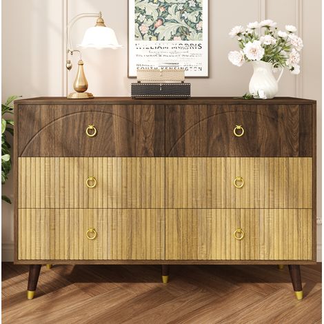 Credenza 120x40x81 cm naturale in MDF e truciolare con 6 cassetti, maniglie ad anello dorate e gambe in legno (1/5)