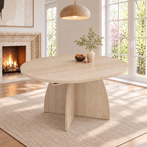 Table à manger extensible 120x90 cm jusqu' à 180x90 cm, pour 6 à 8 personnes, rallonge intégrée, angles arrondis, MDF, travertin (1/5)