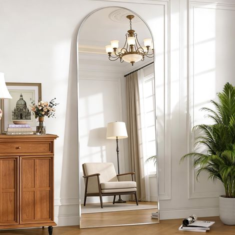Cassilando – Miroir sur pied argent 162 x 53cm – Verre haute définition anti-éclat – Design arqué moderne – Pour chambre, salon, entrée