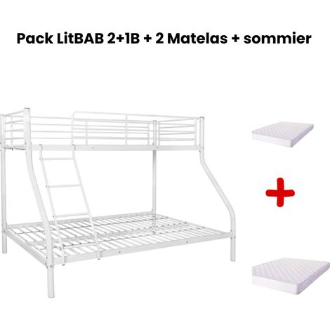 Pack: Lit superposé en métal COSTO sommier inclus + 2 Matelas 90/140x190 cm, 3 places Blanc (1/4)