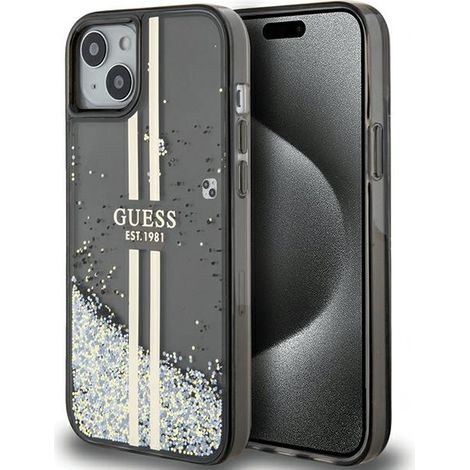 Funda rígida Guess GUHCP15MLFCSEGK para iPhone 15 Plus / 14 Plus de 6,7 pulgadas, color negro/negro, con purpurina líquida y rayas doradas. (1/5)