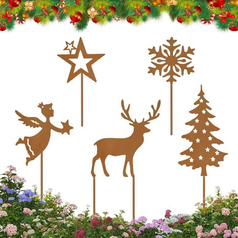 5 Piquets de jardin,Métal rouillé,Forme étoile,Décoration Noël,Support plante,Terrasse,Balcon (1/5)