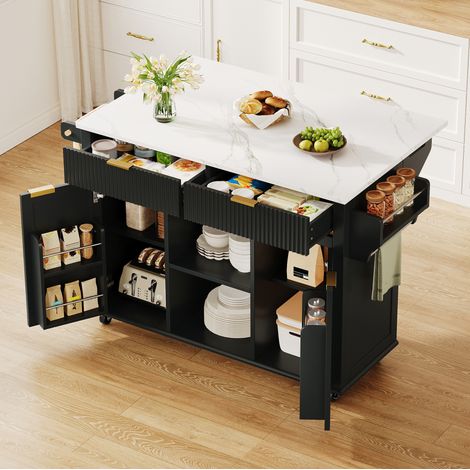 Mueble de cocina con ruedas 143 x 45 x 89,5 cm, encimera abatible, negro (1/5)