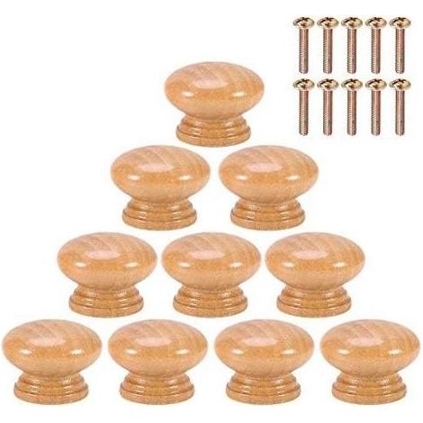 10Pcs Poignée Bouton de Porte Boutons En Bois Naturel Ronde Champignon Cabinet Placard Bouton Poignées avec Vis S/M/L (28MM) (1/5)