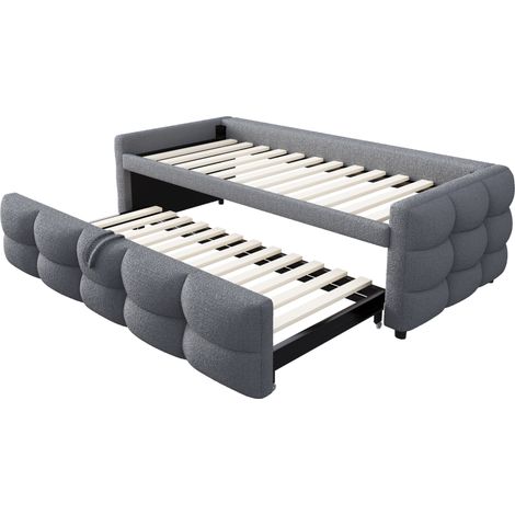 Letto estraibile imbottito 90/180 x 190 cm in tessuto teddy grigio con rete a doghe HOMVRA (1/5)