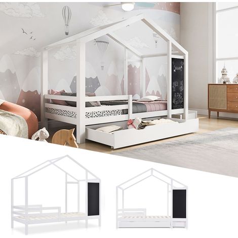 Lit cabane enfant 90x200cm en bois massif blanc avec tableau et 2 tiroirs, sans matelas (1/5)
