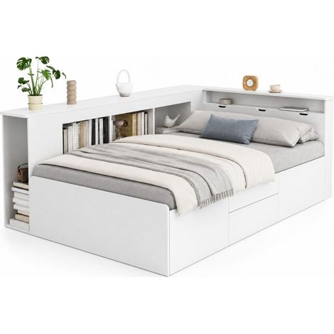 Lit enfant 90x200 cm avec 4 tiroirs, bibliothèque latérale et grand coffre de rangement, sans matelas, blanc, design fonctionnel pour chambre d'enfant CHICFURN (1/5)