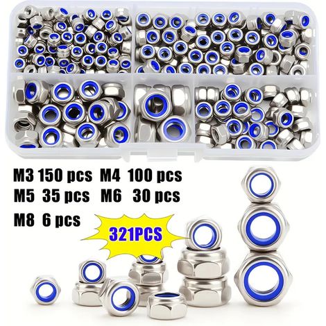 Kits d'écrous de blocage métriques en acier inoxydable 321, écrous hexagonaux à insert nylon M3 M4 M5 M6 M8 (1/5)