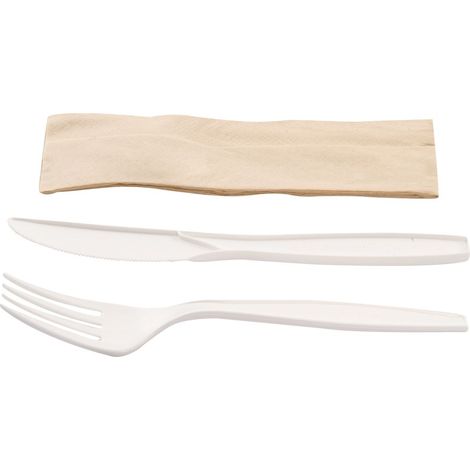Kit couverts blanc 3 en 1 en maïs : couteau + fourchette + serviette kraft - 500 unités - Betik