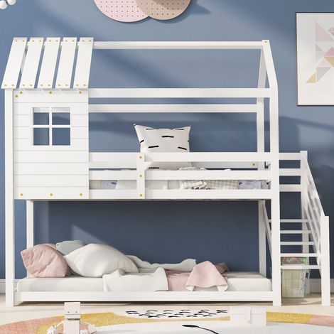 Etagenbett, Bett mit Ecktreppe, Hausbett, Kinderbett mit Fallschutz und Gitter, mit Fenster, Rahmen aus Kiefer, wei (200x90cm) (1/5)