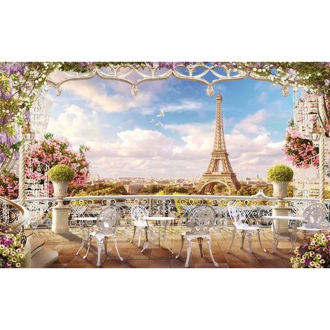 Tableau paysage illustré tour eiffel et terrasse de café - 80x50 cm (1/5)