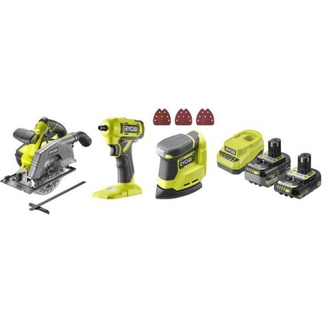RYOBI Pack 3 outils ONE+ 18V perceuse-visseuse + scie sauteuse + ponceuse delta + batteries 4Ah & 2Ah + chargeur R18CK3G-242G (1/5)