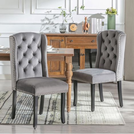 Sedia da pranzo in velluto grigio con gambe in rovere, schienale curvo e montaggio rapido,49×61×100cm (1/5)