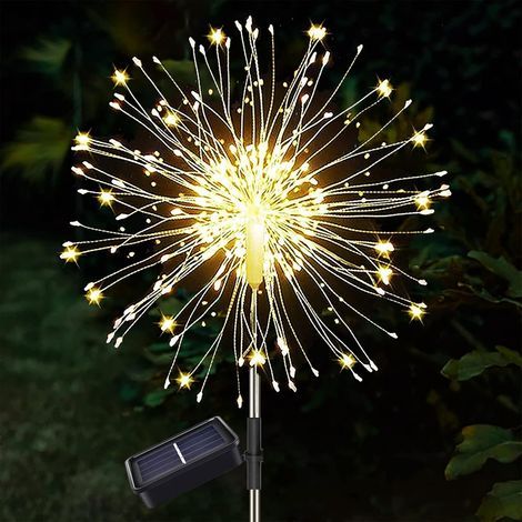 Feux d'artifice solaires 120 lumières solaires Starburst à LED, 8 modes d'éclairage Lampes solaires sur piquet de jardin extérieur étanches pour allée solaire (blanc chaud) (1/2)