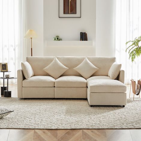 Canapé design moderne 3-4 places en tissu chenille avec repose-pieds, convertible d'angle L, 216x161x81cm - Beige (1/5)