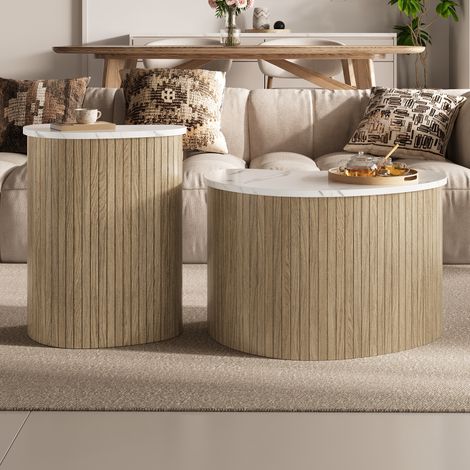 Table basse design scandinave 100x50x45 cm, table d’appoint minimaliste effet marbre et bois, table de salon multifonctionnelle, blanc et chêne (1/5)