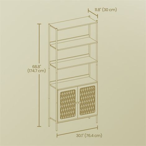6-Tier Bookcase with Rattan-Like Door, Freestanding Storage Shelf with Adjustable Shelves for Living Room Office