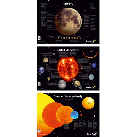 Una serie di poster di Levenhuk raffiguranti corpi celesti