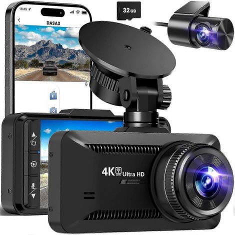 4K-Dashcam mit WLAN und Dual-Channel-Funktion, Front- und Rückkamera, Nachtsicht, Parkmodus, inklusive 32-GB-SD-Karte