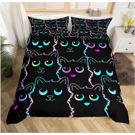 Chat Parure de Lits, Gradient Line Mignon Chat Housse de Couette 90x190cm Animaux Home Decor,Toute Saison,2 taies d'oreiller - DDS (1/4)