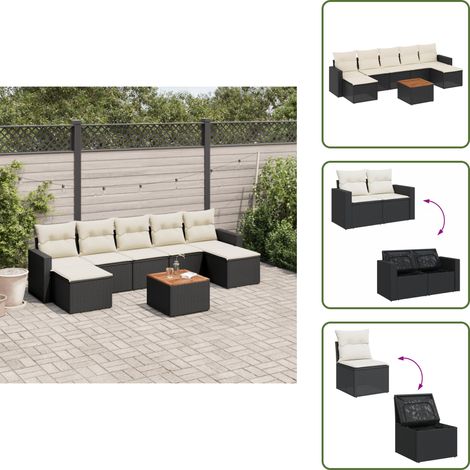 The Living Store Salon de jardin 8 pcs avec coussins noir résine tressée - Ensemble Salon De Jardin - Mobilier Extérieur - Jardin Design - Chaise Lounge - Set Salon (1/5)