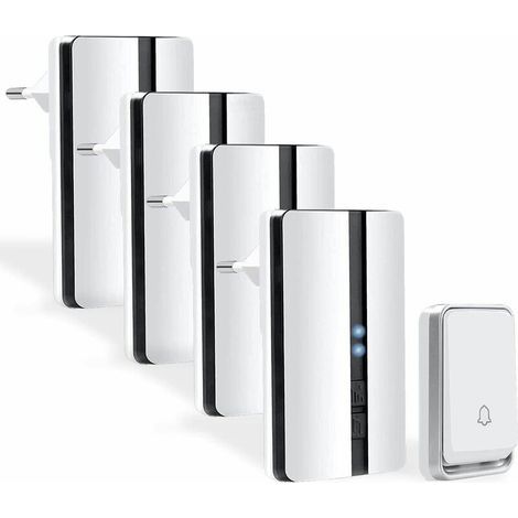 Sonnette de porte sans fil sans fil - Sonnette sans fil avec quatre récepteurs - Étanche - 4 niveaux de volume - 52 sonneries - Sonnette de porte d'entrée - Sonnette sans fil extérieure (Blanc) (1/5)