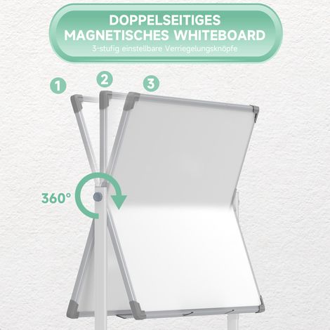 Tableau blanc magnétique mobile 120x90 cm, chevalet pivotant avec feutre et chiffon, cadre métallique blanc.