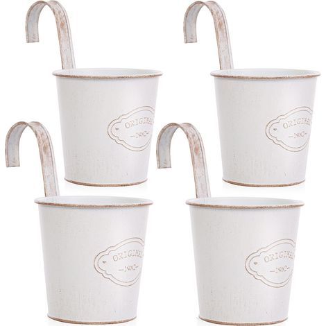 4 Pcs Pots de Fleurs à Suspendre en Métal avec Trou de Drainage, Petits Pots de Fleurs Blancs avec Crochet Amovible, Style Vintage pour Balcon,Jardin, Extérieur et Intérieur (1/5)