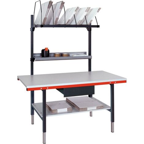 Pack- und Arbeitstischkombination höhenverstellbar Breite 1600 Areitsplatte melaminharzbeschichtet 30 mm Klemmfeststellung 1x Formularablage 1x Kartonmagazin 1x Zwischenboden Maße in mm (BxT): 1600 x 