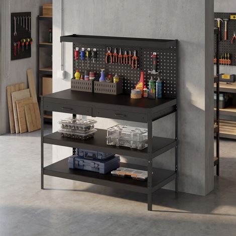 Werkbank, max. Belastung 272 kg, 122 x 61 x 156 cm, Lochblech, 2 Schubladen und 2 verstellbare Einlegeböden, Schwarz