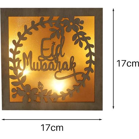 Veilleuse en bois artisanale pour l'Aïd, lampe 3D Ramadan Mubarak faite main avec lumières LED lune et étoile (1/3)