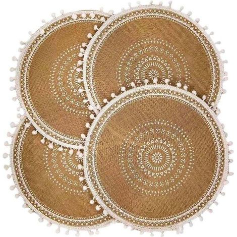 Set de 4 Sets Table Ronds, Tapis en Tissé Boho avec Pompon pour DéCor Cuisine Salle à Manger (Boule Blanche) (1/4)