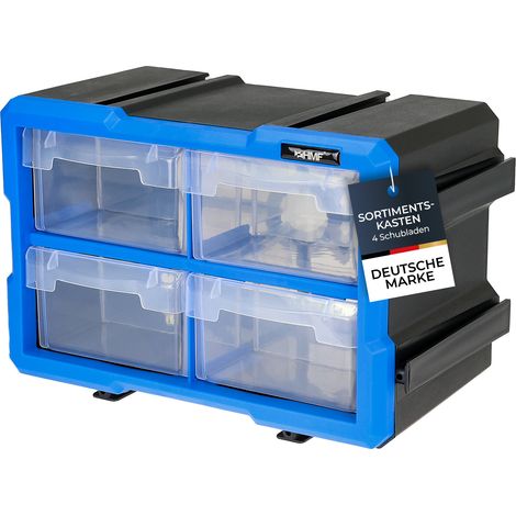 HMF Sortierbox für Kleinteile mit 4 Schubladen, erweiterbarer Sortimentskasten für Schrauben und Werkzeug, 8 Fächer, 29,5 x 19,5 x 16 cm, Blau-Schwarz