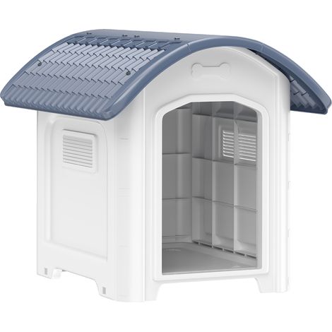 Niche pour chien extérieur, maison en plastique gris avec plancher surélevé amovible et toit étanche. (1/5)