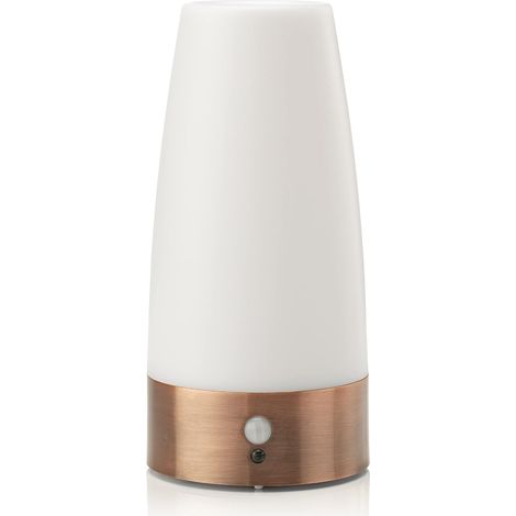 Lámpara de mesa LED retro, luz nocturna, lámpara de mesita de noche con sensor de movimiento PIR inalámbrico. Funciona con 3 pilas AAA de 1,5 V. Fabricada en plástico, luz blanca, forma redonda. (1/5)