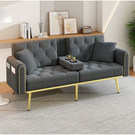 Sofá cama 175x80x73.5 cm gris de terciopelo con respaldo reclinable y portavasos (1/5)