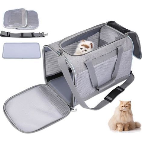 Borsa per il trasporto di gatti, cani e altri animali con tracolla regolabile, trasportino traspirante e pieghevole - 45x30x30 cm - Grigio (1/5)