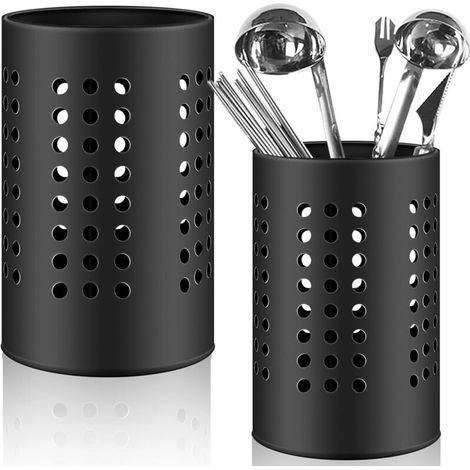 Set di 2 portautensili da cucina neri - 18 x 12 cm e 16 x 10 cm - Scolaposate - Organizzatore di utensili da cucina in acciaio inox - Portacucchiaio rotondo da cucina (1/5)