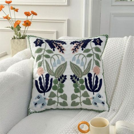Taie D Oreiller - 45 X 45 Cm - Tissu Canvas - Motif Fleur D Hirondelle Brodé - Décoratif Canapé Lit Chaise - 1 Pièce (1/4)