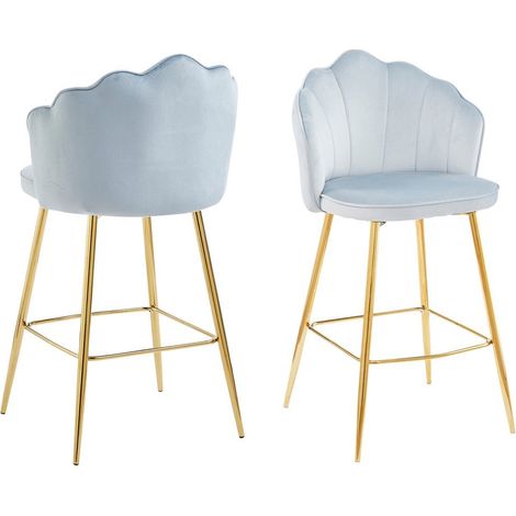 Lot de 2 Tabourets de Bar Design Coquillage en Velours Gris Clair et Métal Doré - PANGIVO (1/5)