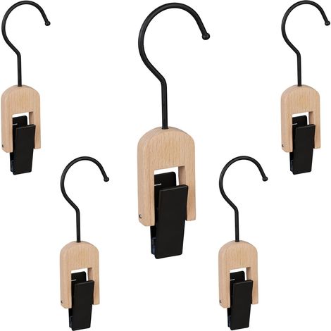10 x Klemmhaken gummiert, Kleiderklammer mit Haken, für Tücher, Mützen, Klammerhaken Set aus Holz & Eisen, schwarz-natur
