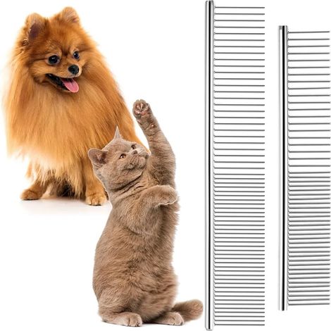 2 Stück Haustier Kamm Edelstahl,katzen bürste,2 in 1 hundekamm,Professionelle katzenbürste,hundekamm langhaar,unterfellbürste katze,von Verwicklungen und Knoten für langhaarige Hunde,Katzen (1/5)