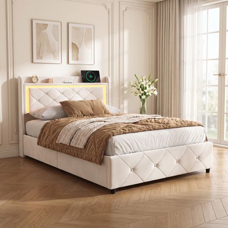 Lit coffre 90x200, Lit Simple avec LED et ports USB, Lit rembourré avec Rangement hydraulique, sommier à lattes, Velours, Beige (1/5)